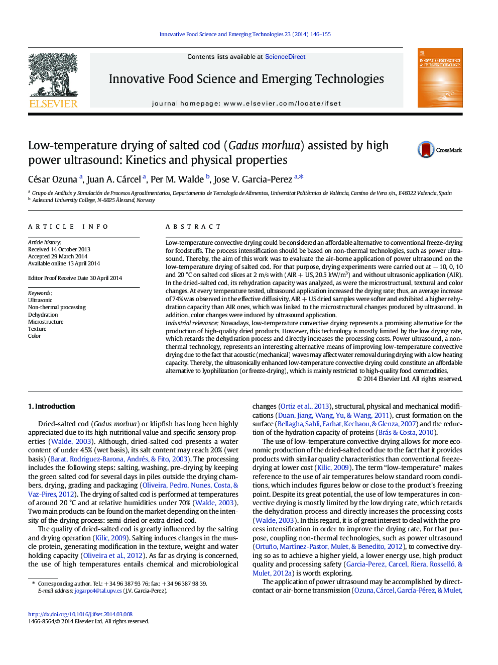 Low-temperature drying of salted cod (Gadus morhua) assisted by high power ultrasound: Kinetics and physical properties