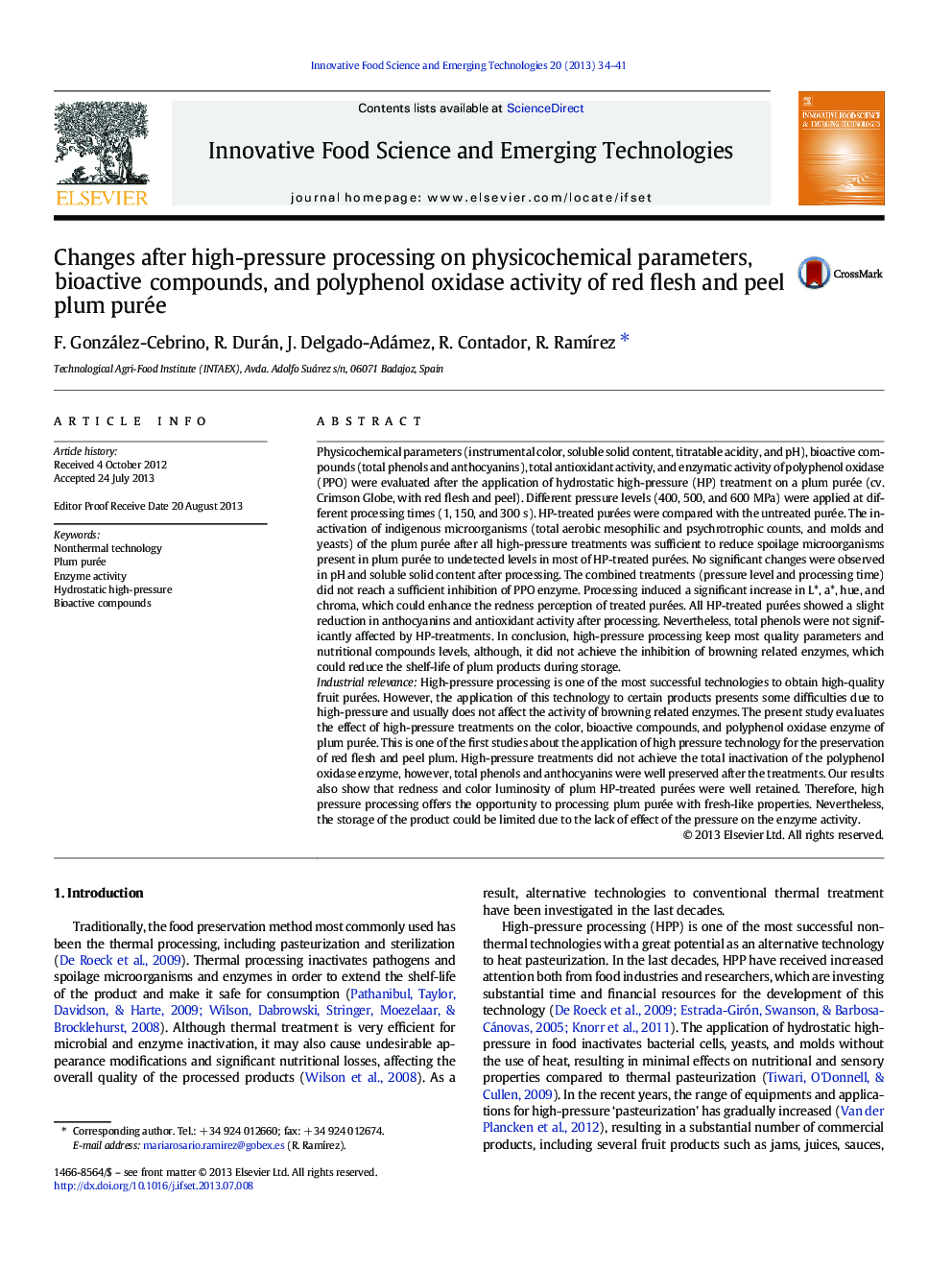 Changes after high-pressure processing on physicochemical parameters, bioactive compounds, and polyphenol oxidase activity of red flesh and peel plum purée