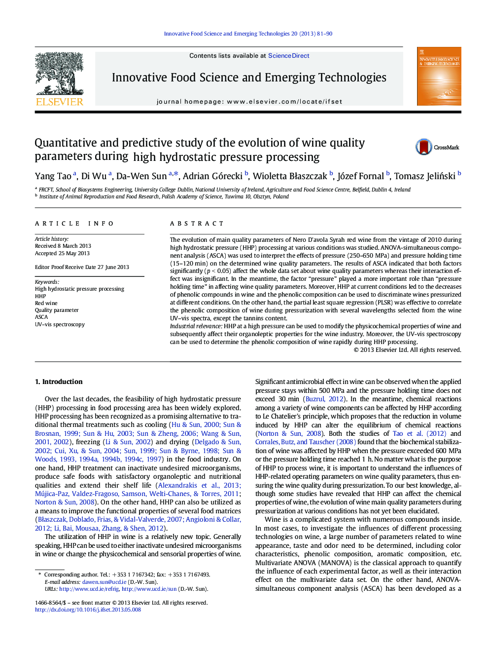 Quantitative and predictive study of the evolution of wine quality parameters during high hydrostatic pressure processing