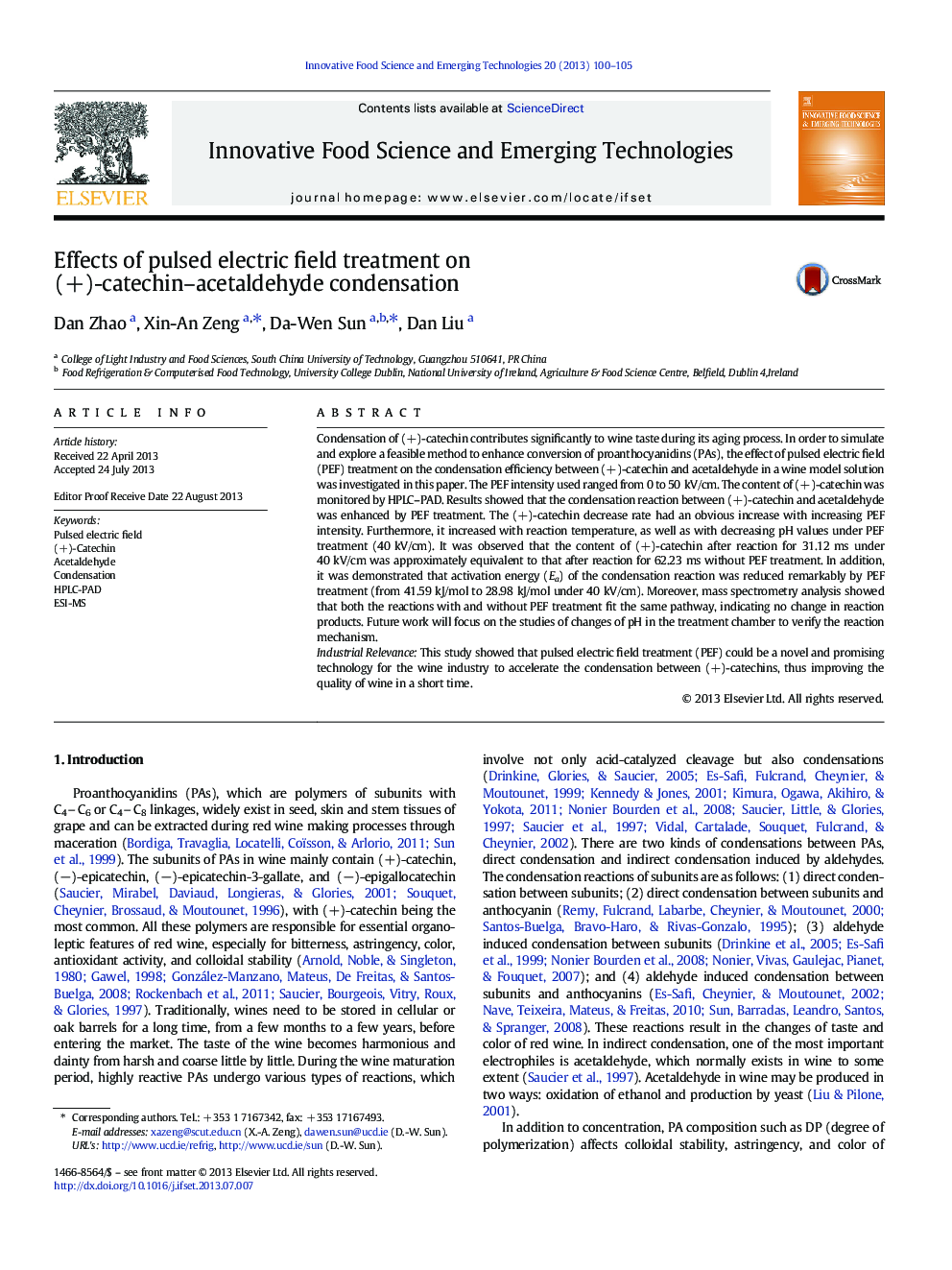 Effects of pulsed electric field treatment on (+)-catechin–acetaldehyde condensation