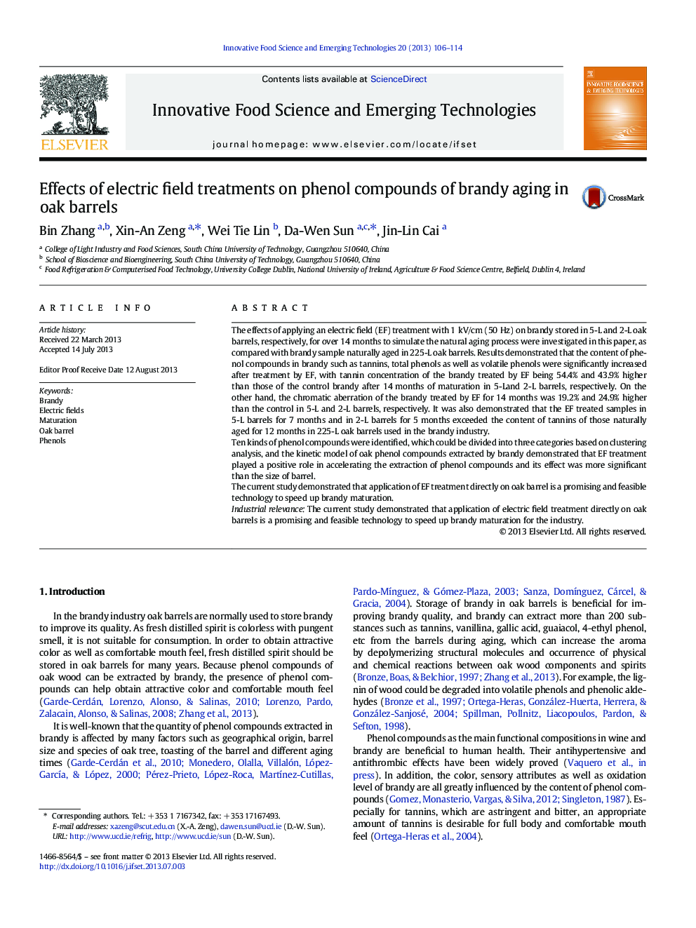 Effects of electric field treatments on phenol compounds of brandy aging in oak barrels