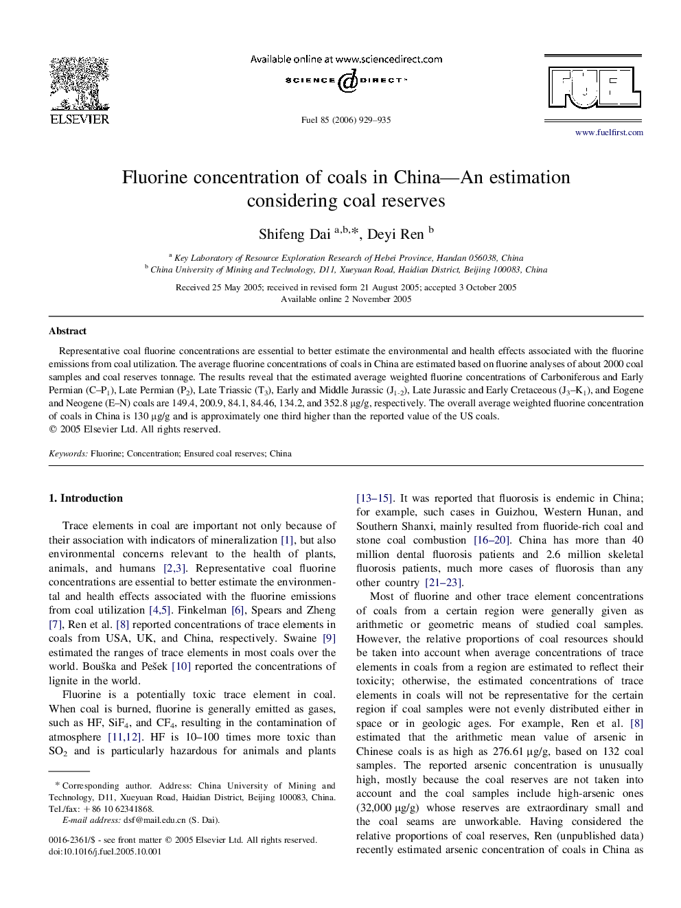 Fluorine concentration of coals in China—An estimation considering coal reserves