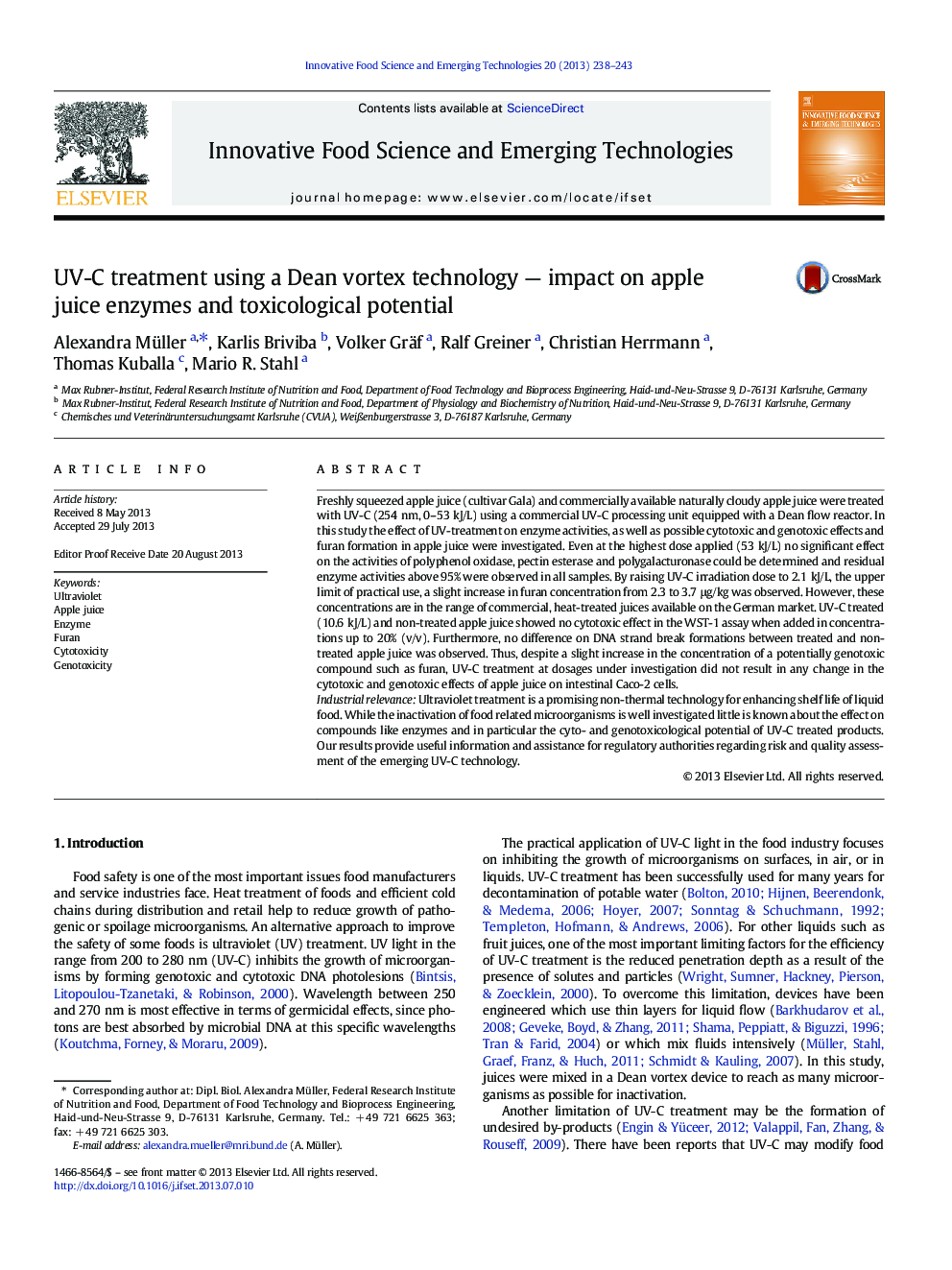 UV-C treatment using a Dean vortex technology — impact on apple juice enzymes and toxicological potential