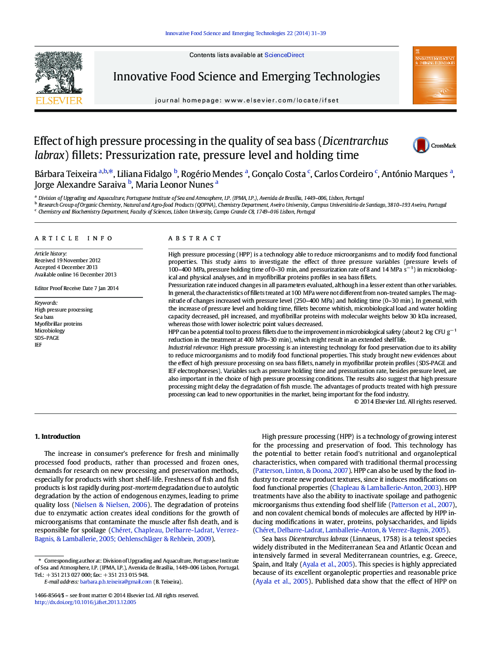 Effect of high pressure processing in the quality of sea bass (Dicentrarchus labrax) fillets: Pressurization rate, pressure level and holding time