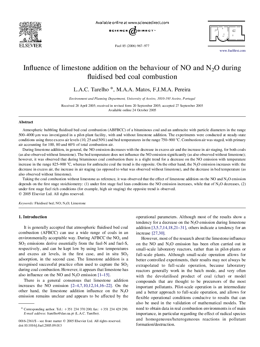 Influence of limestone addition on the behaviour of NO and N2O during fluidised bed coal combustion