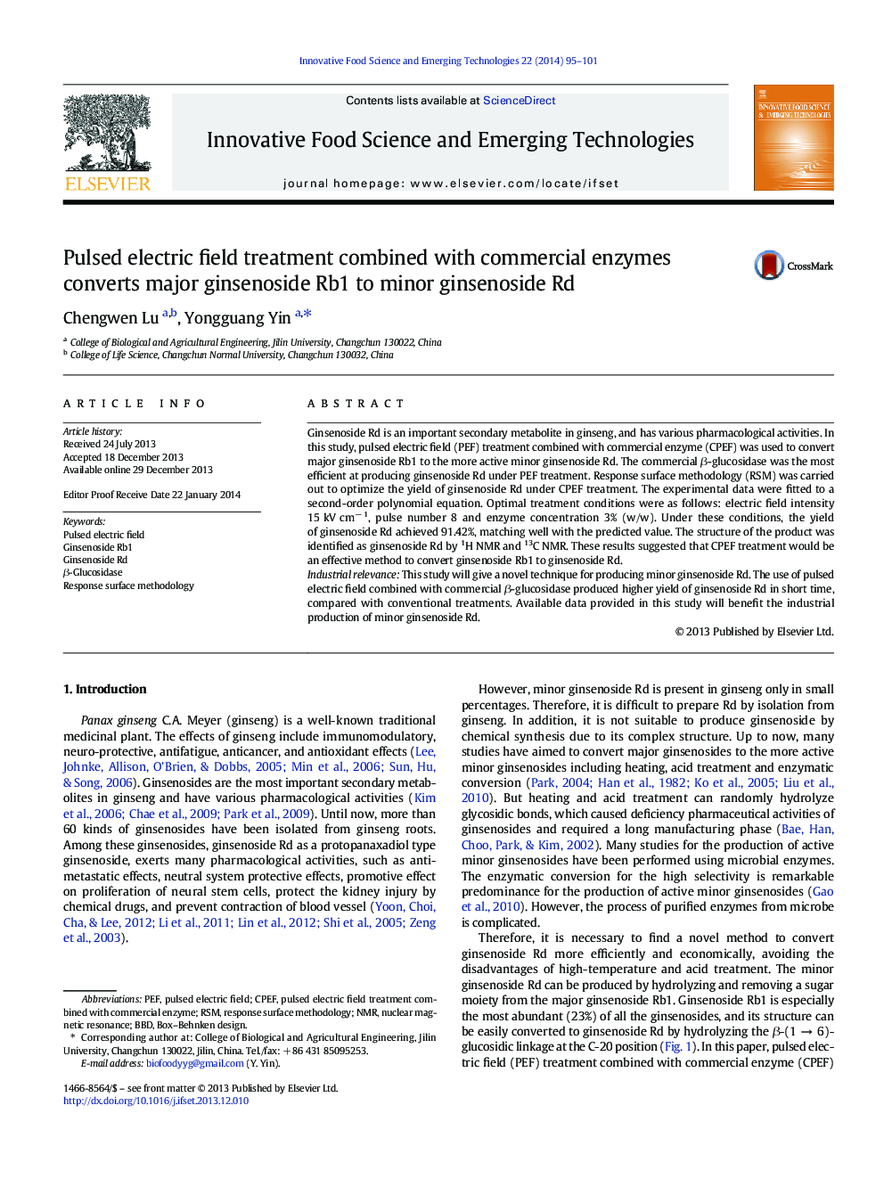 Pulsed electric field treatment combined with commercial enzymes converts major ginsenoside Rb1 to minor ginsenoside Rd