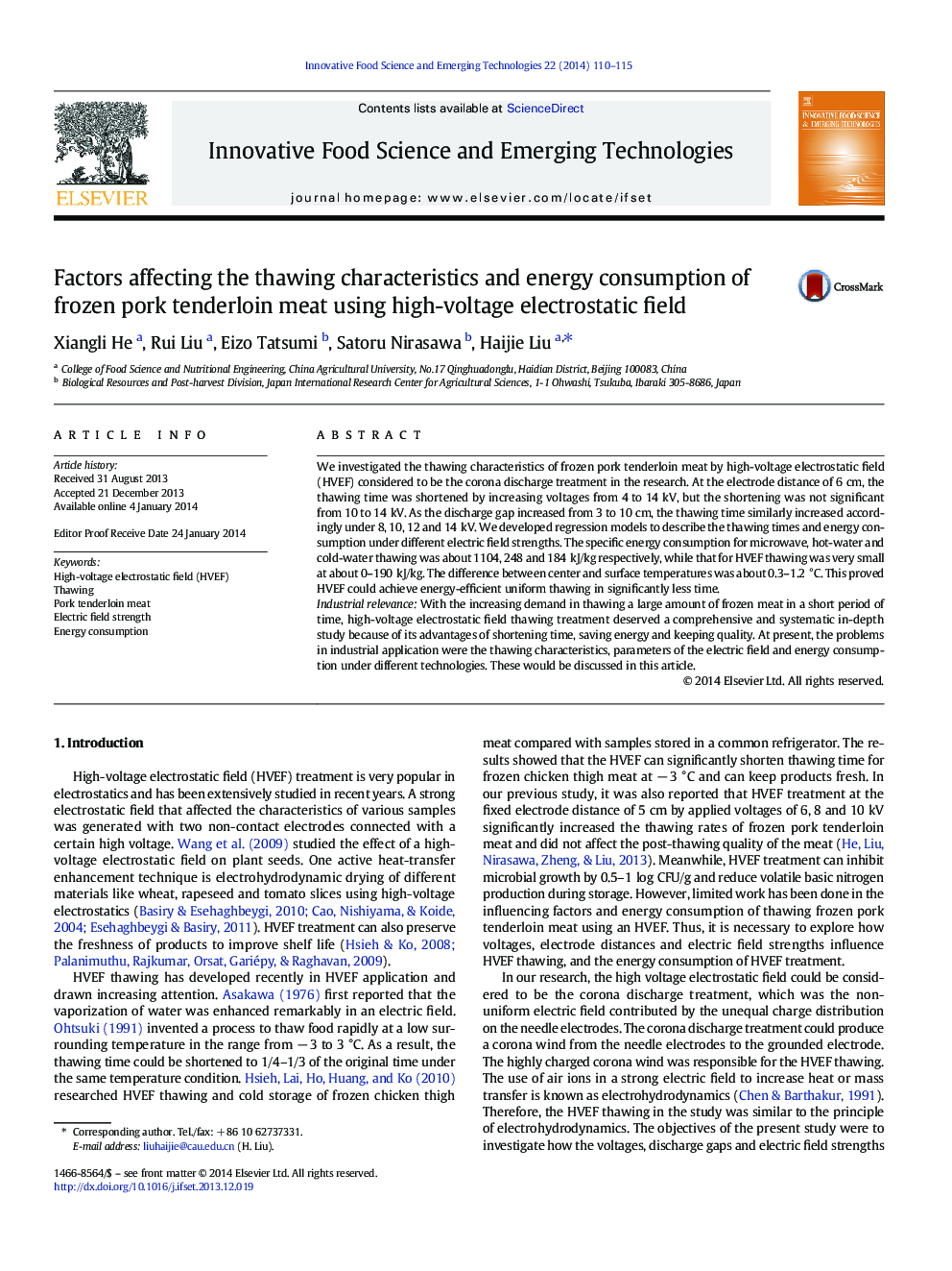 Factors affecting the thawing characteristics and energy consumption of frozen pork tenderloin meat using high-voltage electrostatic field