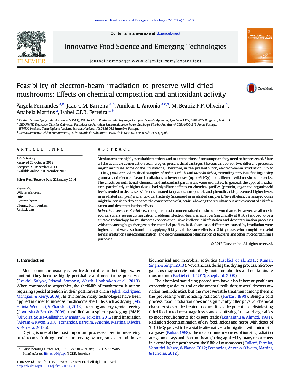 Feasibility of electron-beam irradiation to preserve wild dried mushrooms: Effects on chemical composition and antioxidant activity