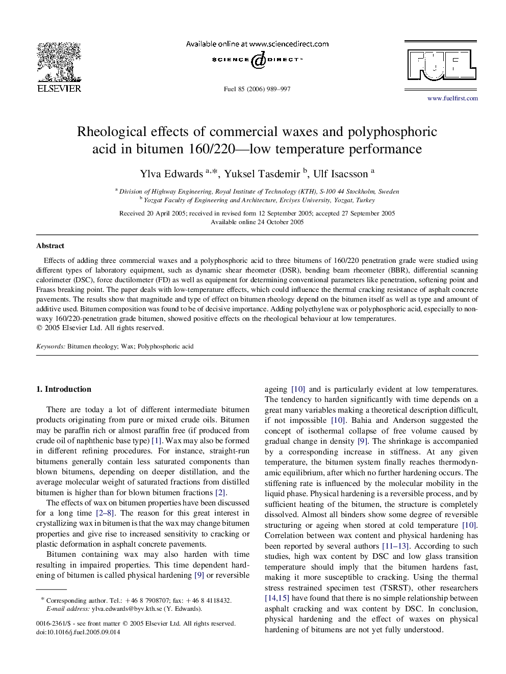 Rheological effects of commercial waxes and polyphosphoric acid in bitumen 160/220—low temperature performance