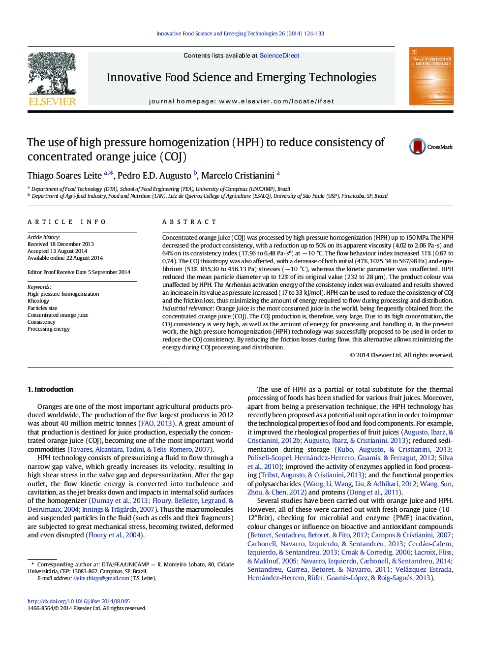 The use of high pressure homogenization (HPH) to reduce consistency of concentrated orange juice (COJ)