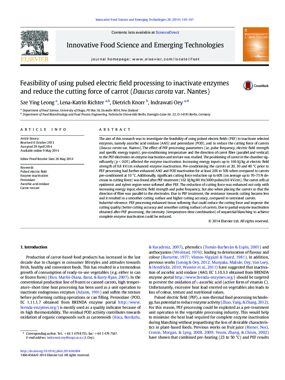 Feasibility of using pulsed electric field processing to inactivate enzymes and reduce the cutting force of carrot (Daucus carota var. Nantes)