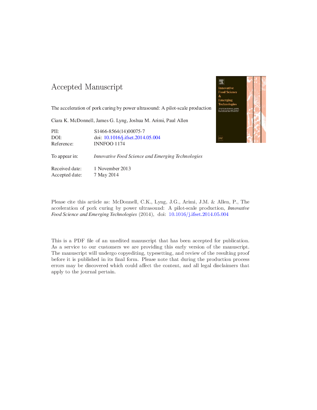 The acceleration of pork curing by power ultrasound: A pilot-scale production