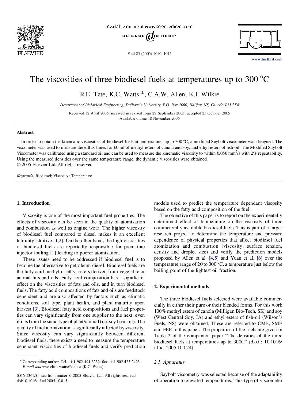 The viscosities of three biodiesel fuels at temperatures up to 300 °C