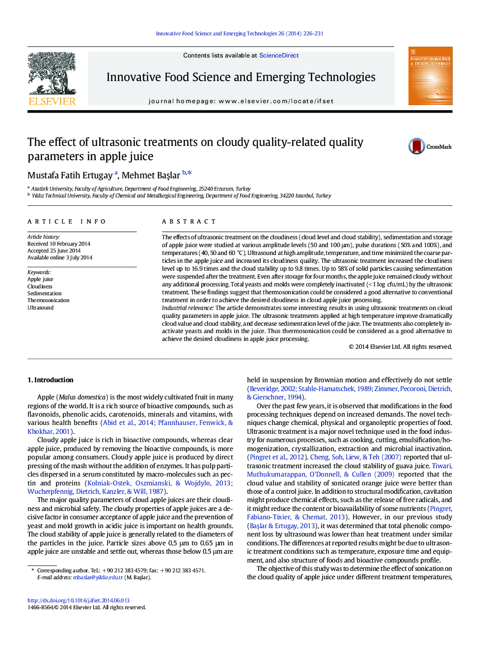 The effect of ultrasonic treatments on cloudy quality-related quality parameters in apple juice