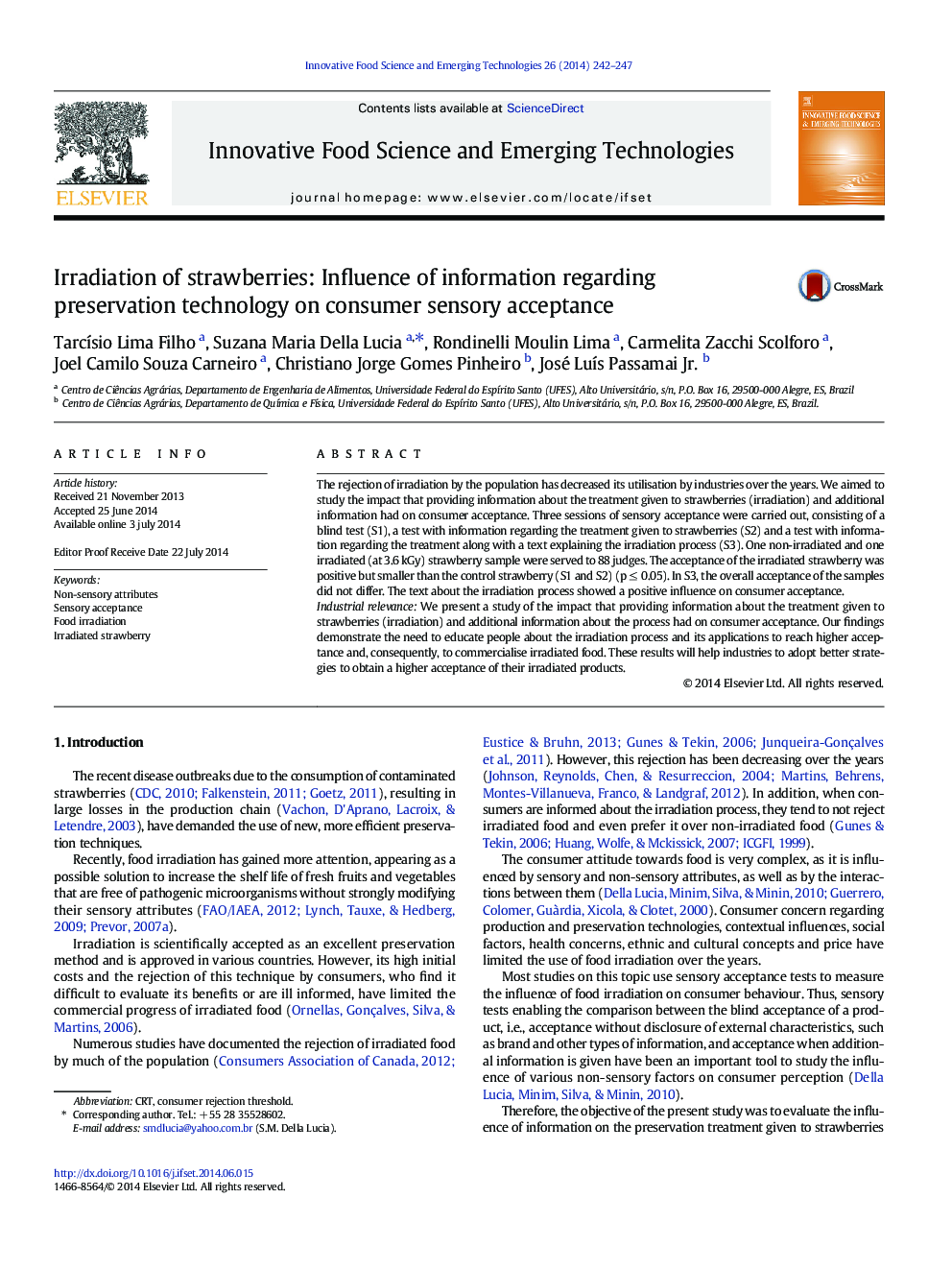 Irradiation of strawberries: Influence of information regarding preservation technology on consumer sensory acceptance