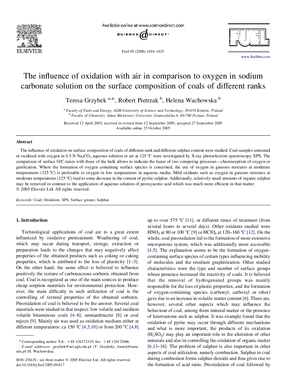 The influence of oxidation with air in comparison to oxygen in sodium carbonate solution on the surface composition of coals of different ranks