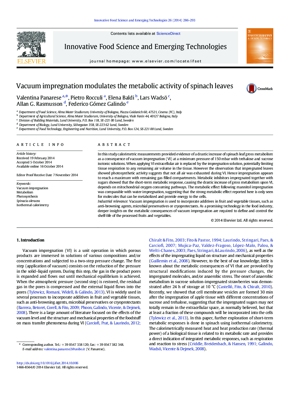 Vacuum impregnation modulates the metabolic activity of spinach leaves