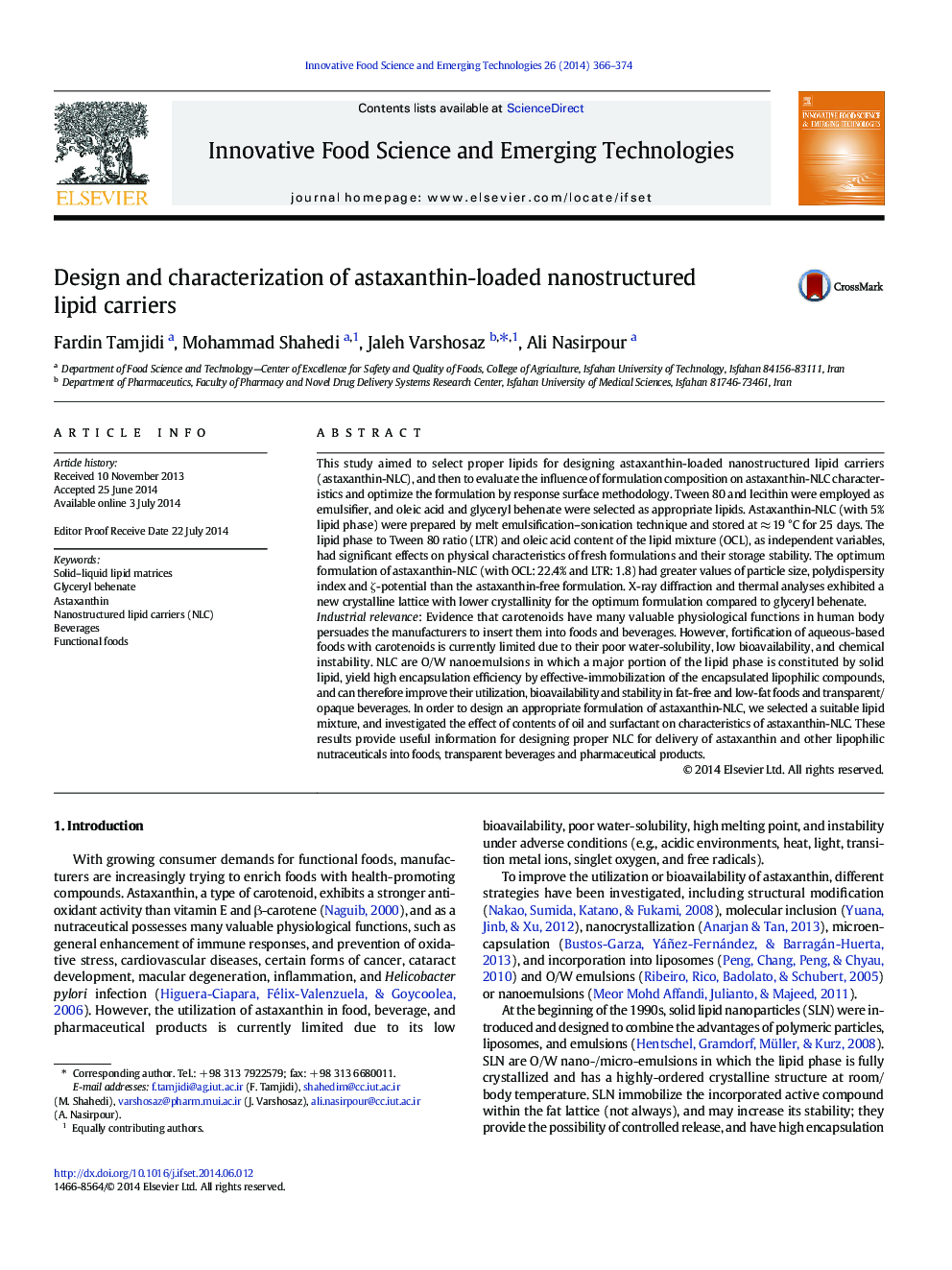 Design and characterization of astaxanthin-loaded nanostructured lipid carriers