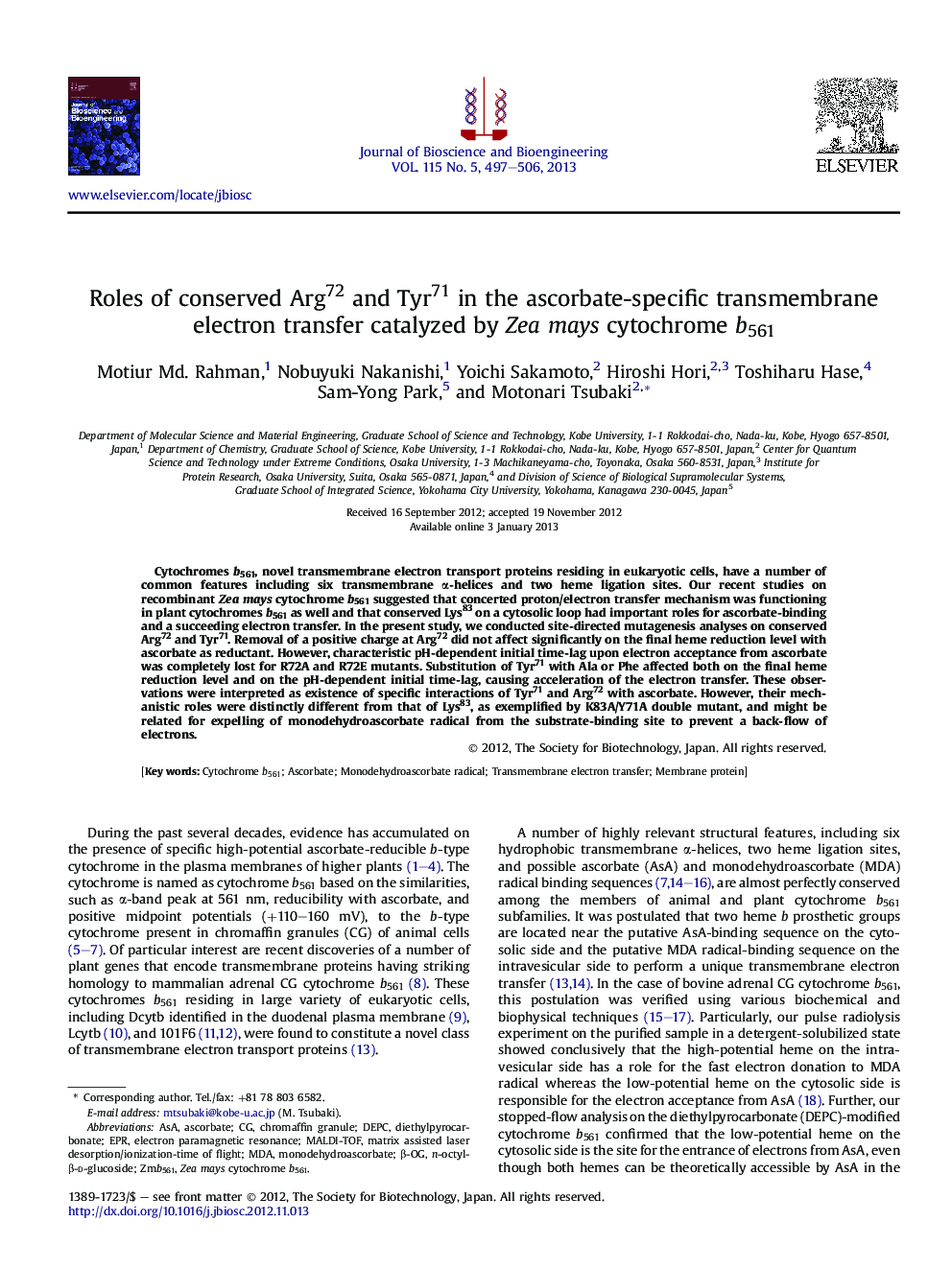 Roles of conserved Arg72 and Tyr71 in the ascorbate-specific transmembrane electron transfer catalyzed by Zea mays cytochrome b561