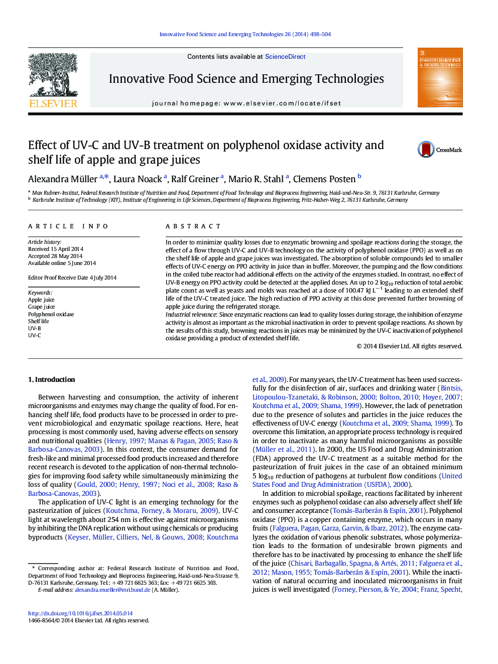 Effect of UV-C and UV-B treatment on polyphenol oxidase activity and shelf life of apple and grape juices