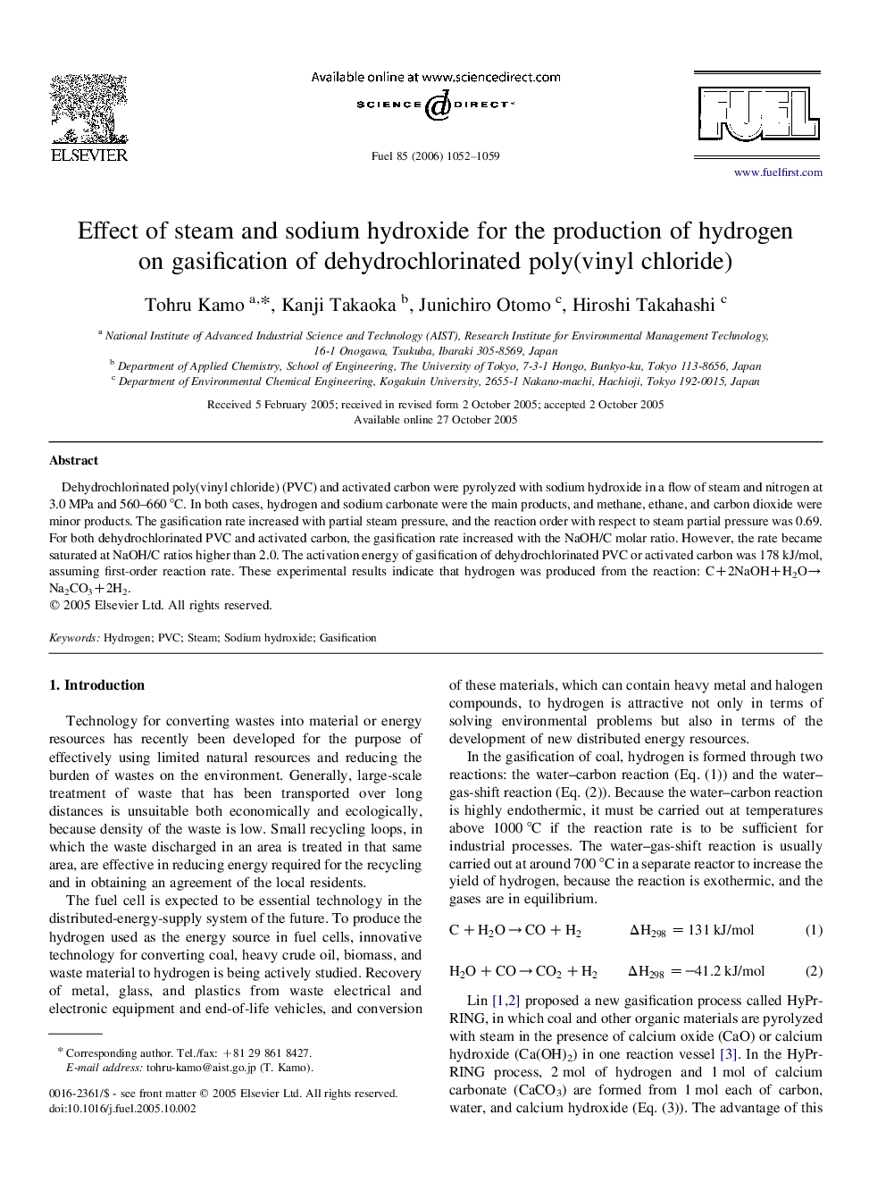 Effect of steam and sodium hydroxide for the production of hydrogen on gasification of dehydrochlorinated poly(vinyl chloride)