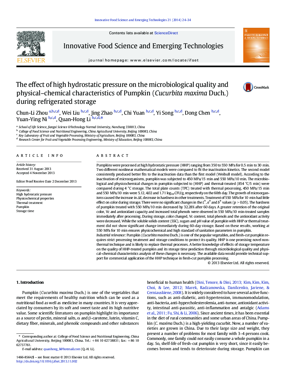 The effect of high hydrostatic pressure on the microbiological quality and physical–chemical characteristics of Pumpkin (Cucurbita maxima Duch.) during refrigerated storage