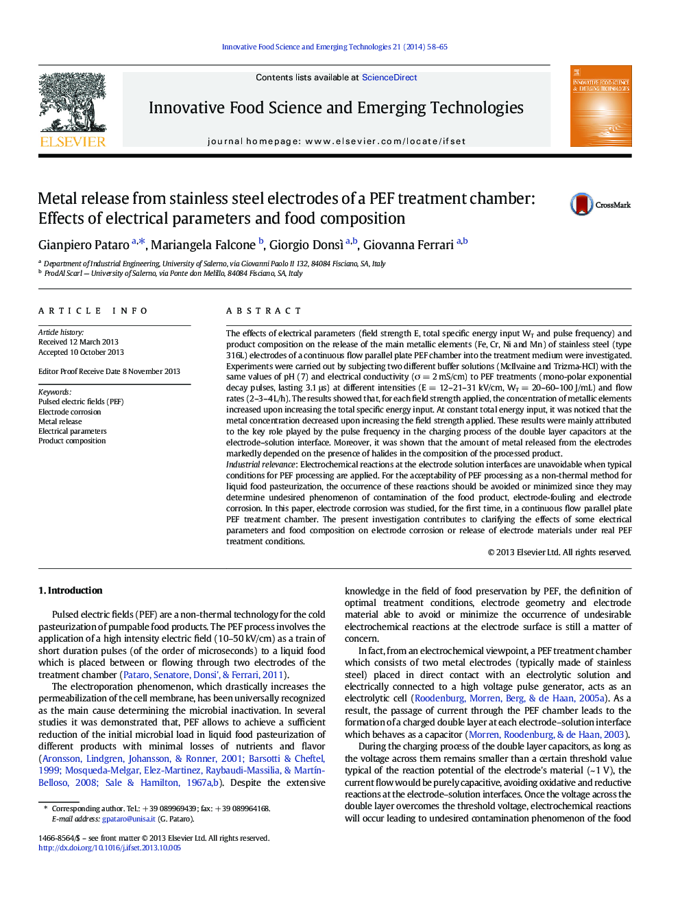 Metal release from stainless steel electrodes of a PEF treatment chamber: Effects of electrical parameters and food composition