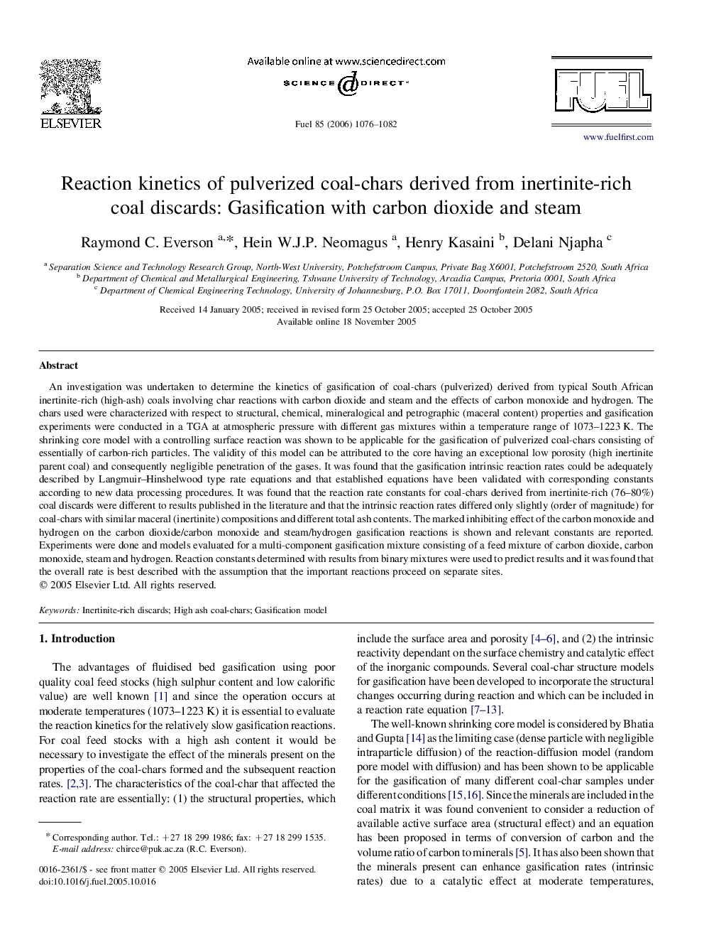 Reaction kinetics of pulverized coal-chars derived from inertinite-rich coal discards: Gasification with carbon dioxide and steam