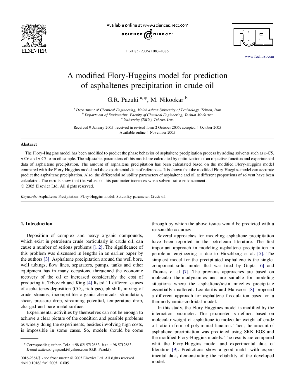 A modified Flory-Huggins model for prediction of asphaltenes precipitation in crude oil