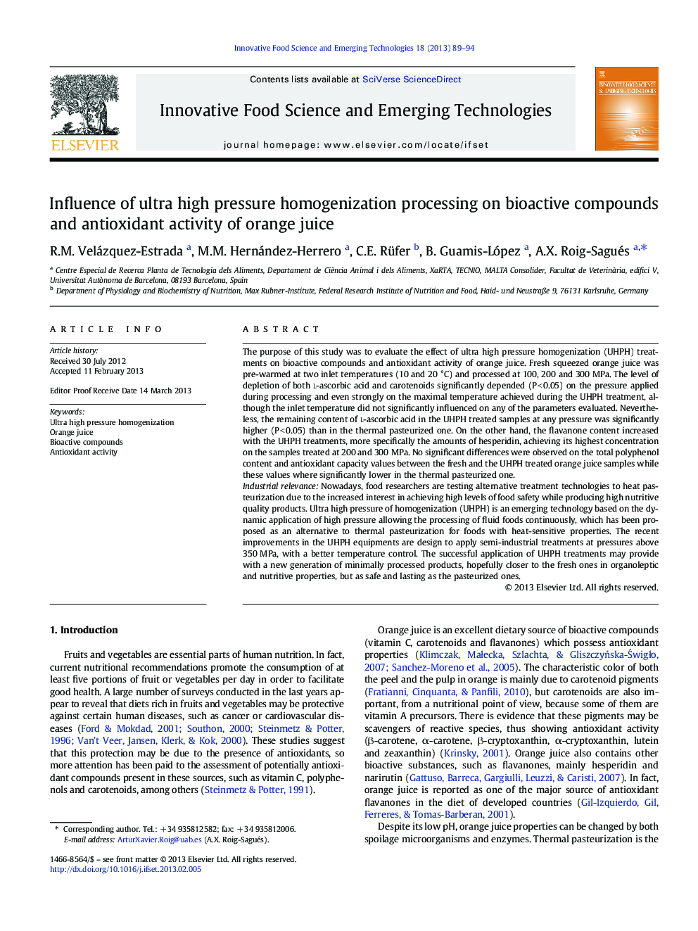 Influence of ultra high pressure homogenization processing on bioactive compounds and antioxidant activity of orange juice