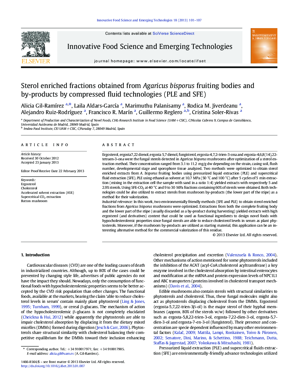 Sterol enriched fractions obtained from Agaricus bisporus fruiting bodies and by-products by compressed fluid technologies (PLE and SFE)