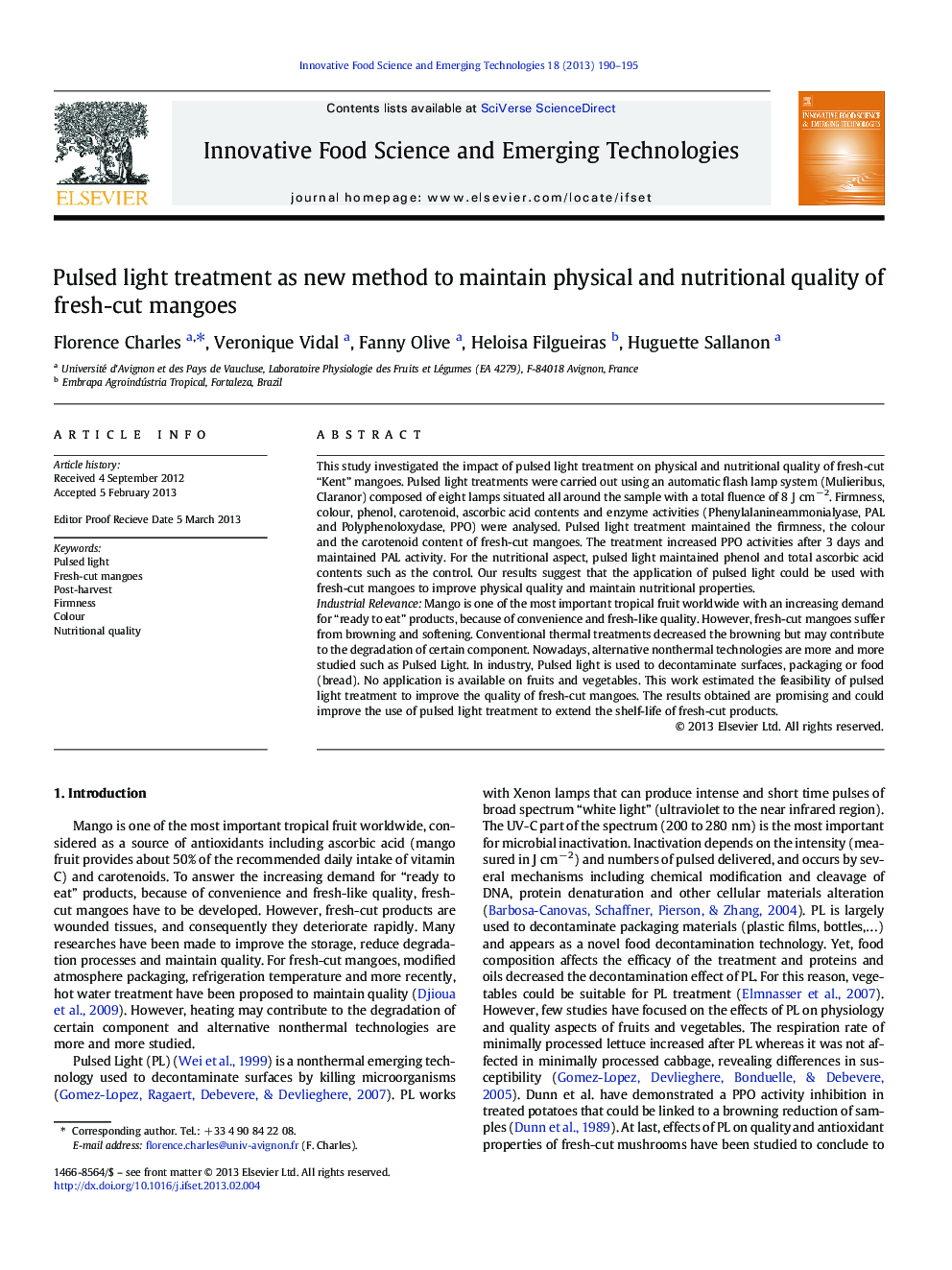 Pulsed light treatment as new method to maintain physical and nutritional quality of fresh-cut mangoes