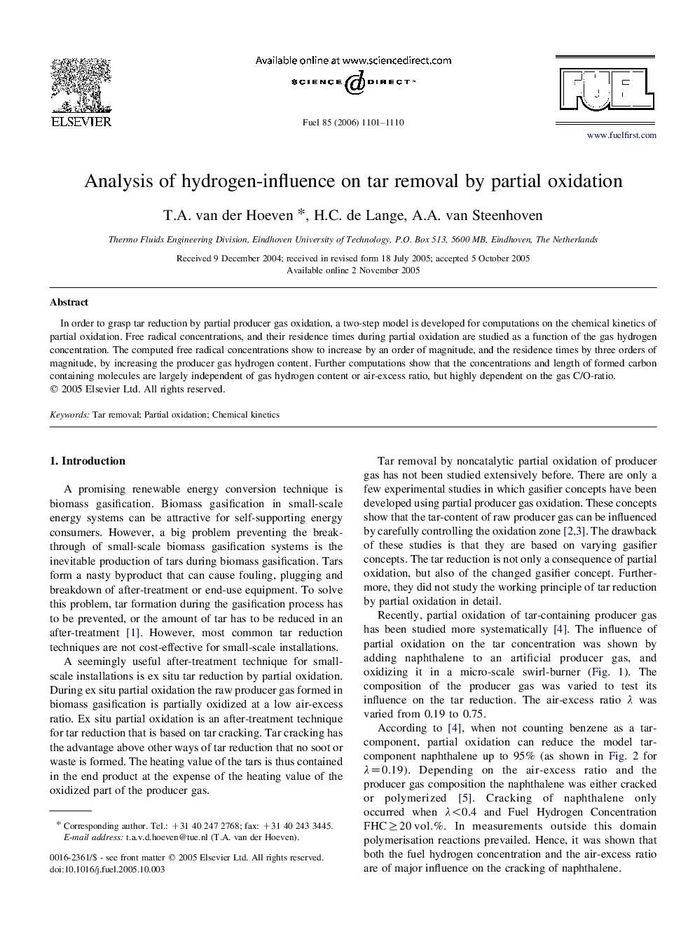 Analysis of hydrogen-influence on tar removal by partial oxidation