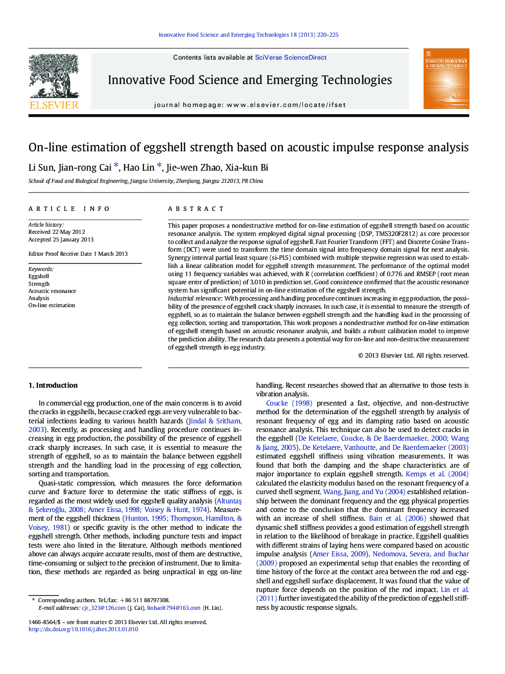 On-line estimation of eggshell strength based on acoustic impulse response analysis
