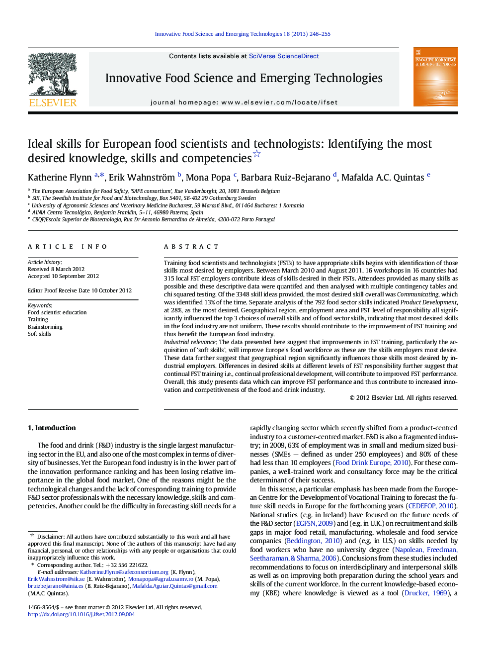 Ideal skills for European food scientists and technologists: Identifying the most desired knowledge, skills and competencies 