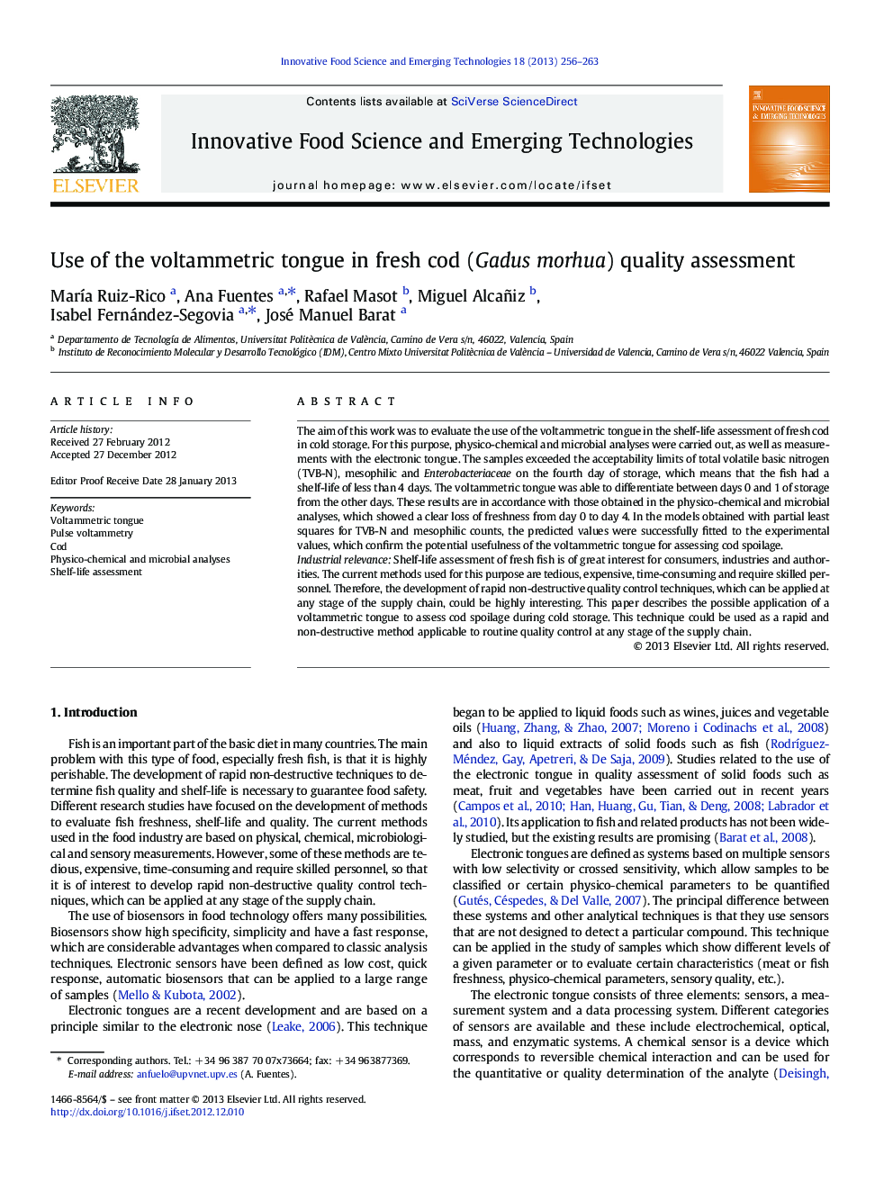 Use of the voltammetric tongue in fresh cod (Gadus morhua) quality assessment