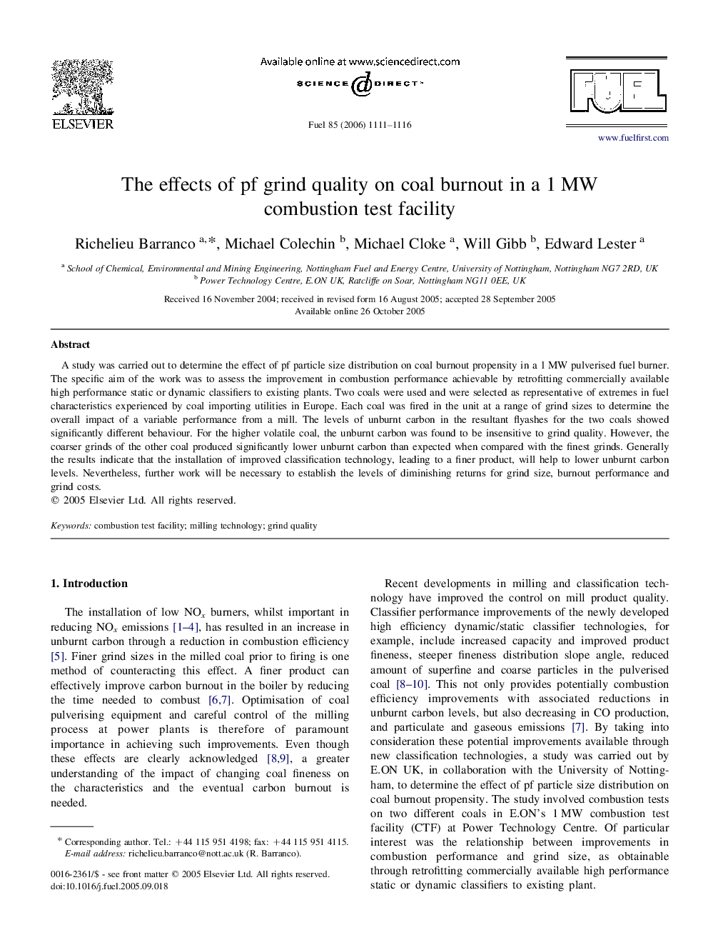 The effects of pf grind quality on coal burnout in a 1 MW combustion test facility