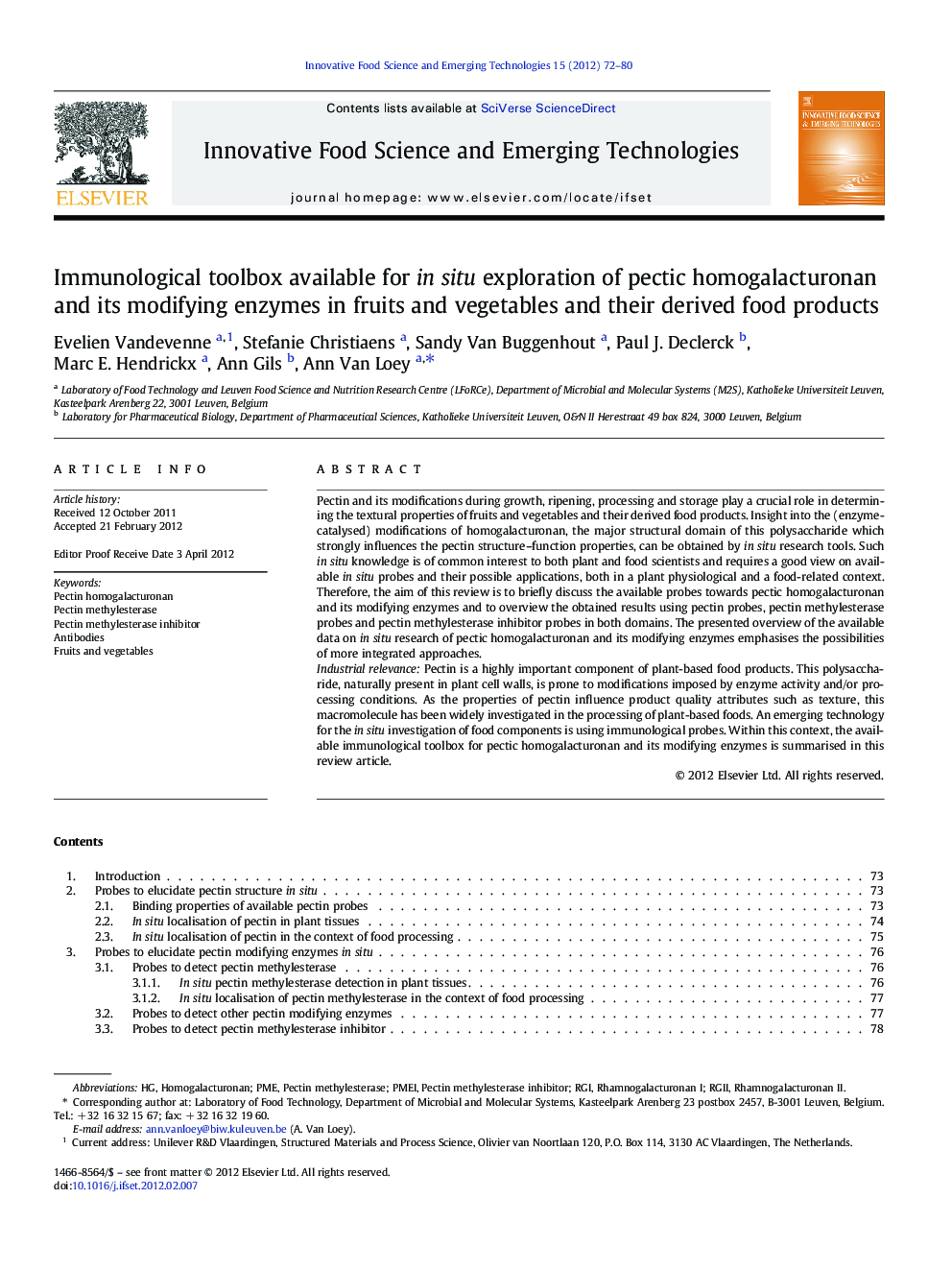 Immunological toolbox available for in situ exploration of pectic homogalacturonan and its modifying enzymes in fruits and vegetables and their derived food products