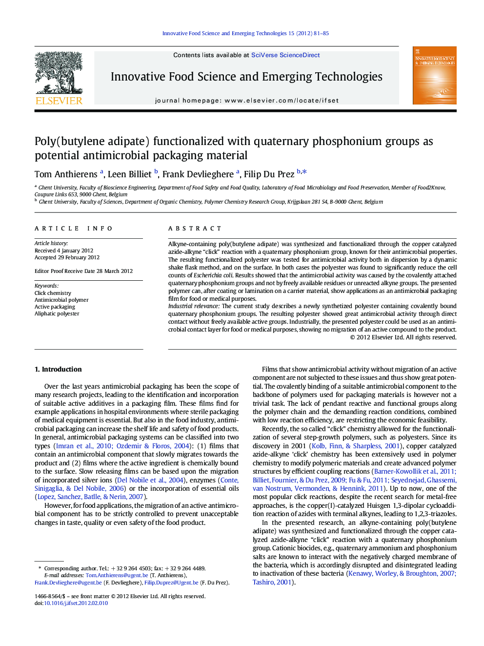 Poly(butylene adipate) functionalized with quaternary phosphonium groups as potential antimicrobial packaging material