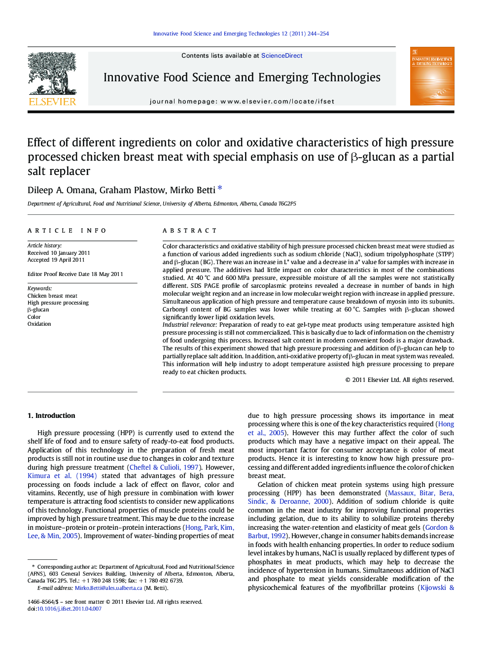 Effect of different ingredients on color and oxidative characteristics of high pressure processed chicken breast meat with special emphasis on use of β-glucan as a partial salt replacer