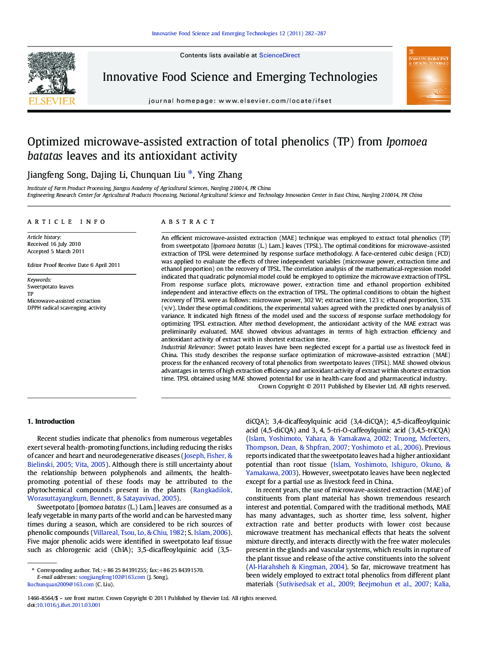 Optimized microwave-assisted extraction of total phenolics (TP) from Ipomoea batatas leaves and its antioxidant activity