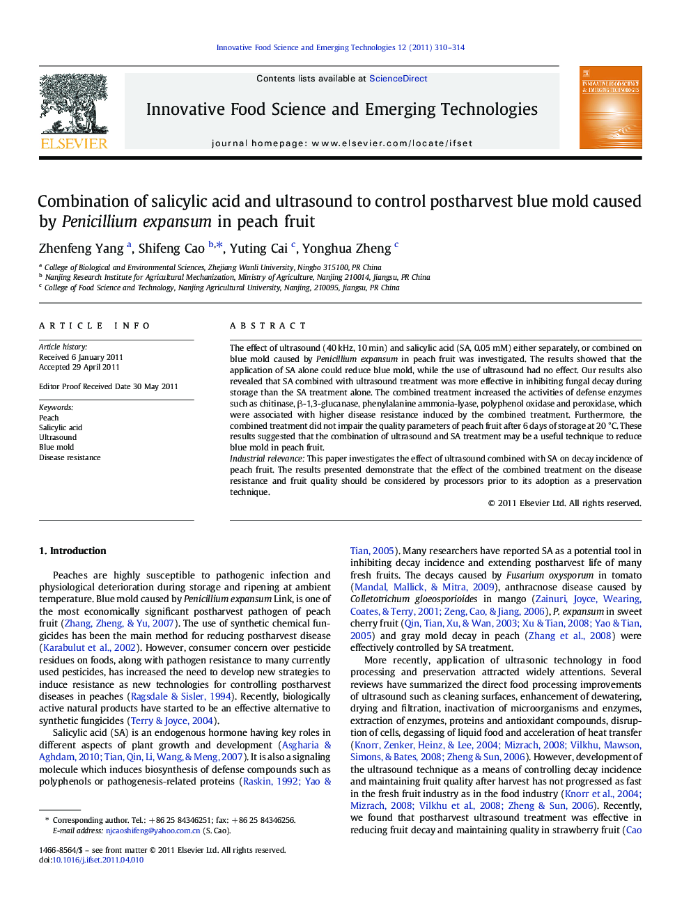 Combination of salicylic acid and ultrasound to control postharvest blue mold caused by Penicillium expansum in peach fruit