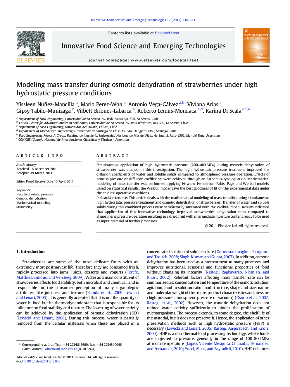 Modeling mass transfer during osmotic dehydration of strawberries under high hydrostatic pressure conditions