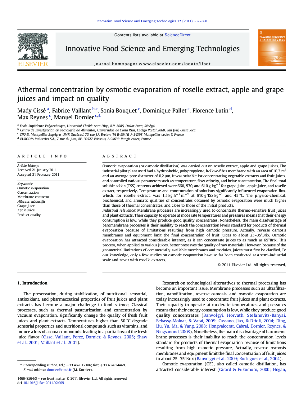 Athermal concentration by osmotic evaporation of roselle extract, apple and grape juices and impact on quality