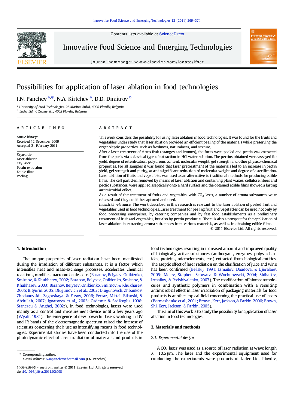 Possibilities for application of laser ablation in food technologies