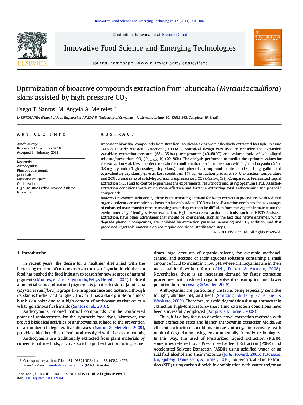 Optimization of bioactive compounds extraction from jabuticaba (Myrciaria cauliflora) skins assisted by high pressure CO2