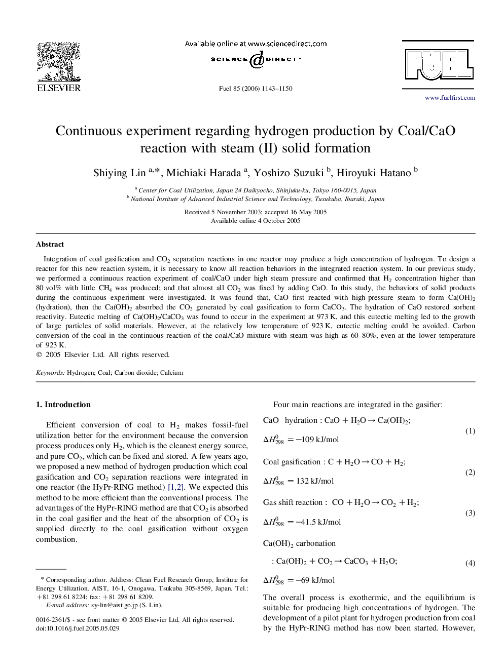 Continuous experiment regarding hydrogen production by Coal/CaO reaction with steam (II) solid formation
