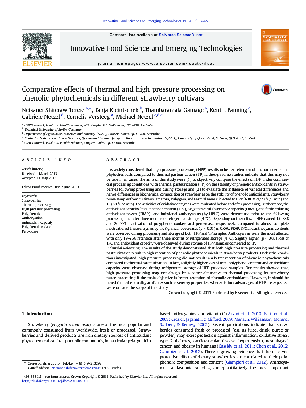 Comparative effects of thermal and high pressure processing on phenolic phytochemicals in different strawberry cultivars