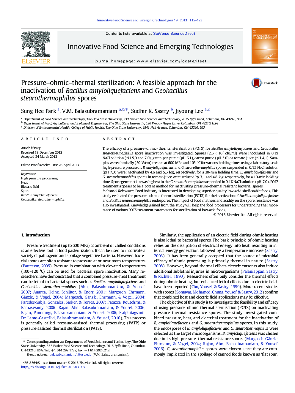 Pressure–ohmic–thermal sterilization: A feasible approach for the inactivation of Bacillus amyloliquefaciens and Geobacillus stearothermophilus spores