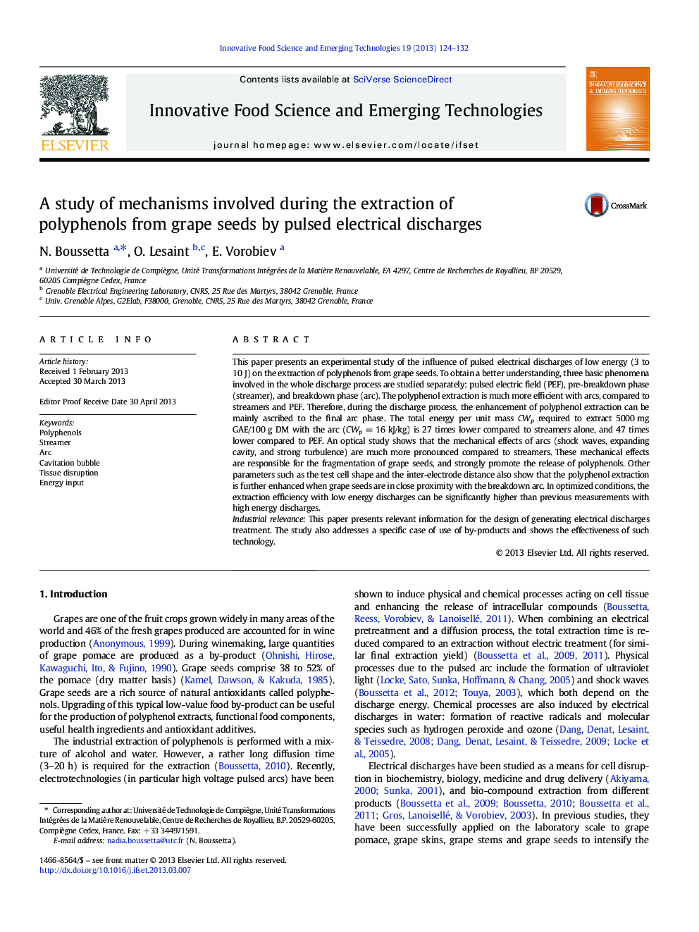 A study of mechanisms involved during the extraction of polyphenols from grape seeds by pulsed electrical discharges